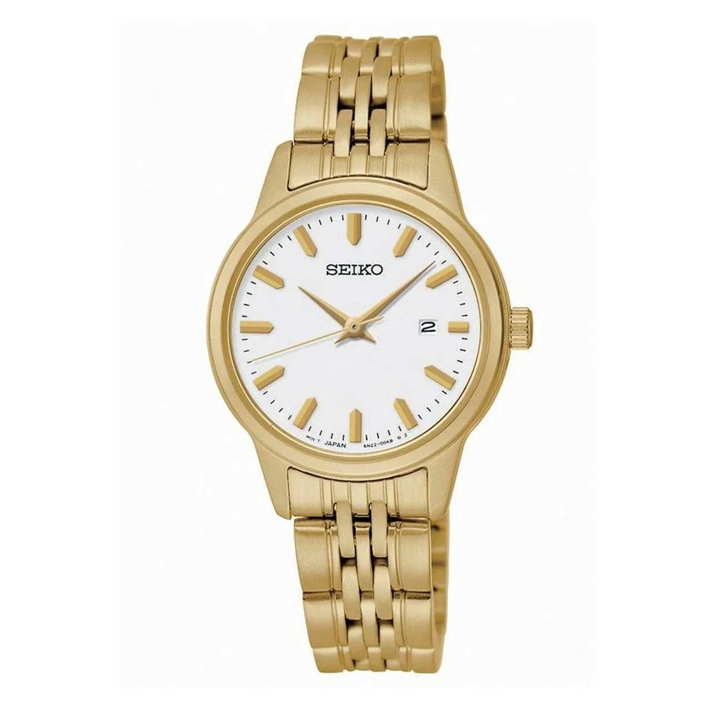 Seiko Ladies Gold tone Stainless Steel Watch SUR832 White Dial 50M 28MM Feminine